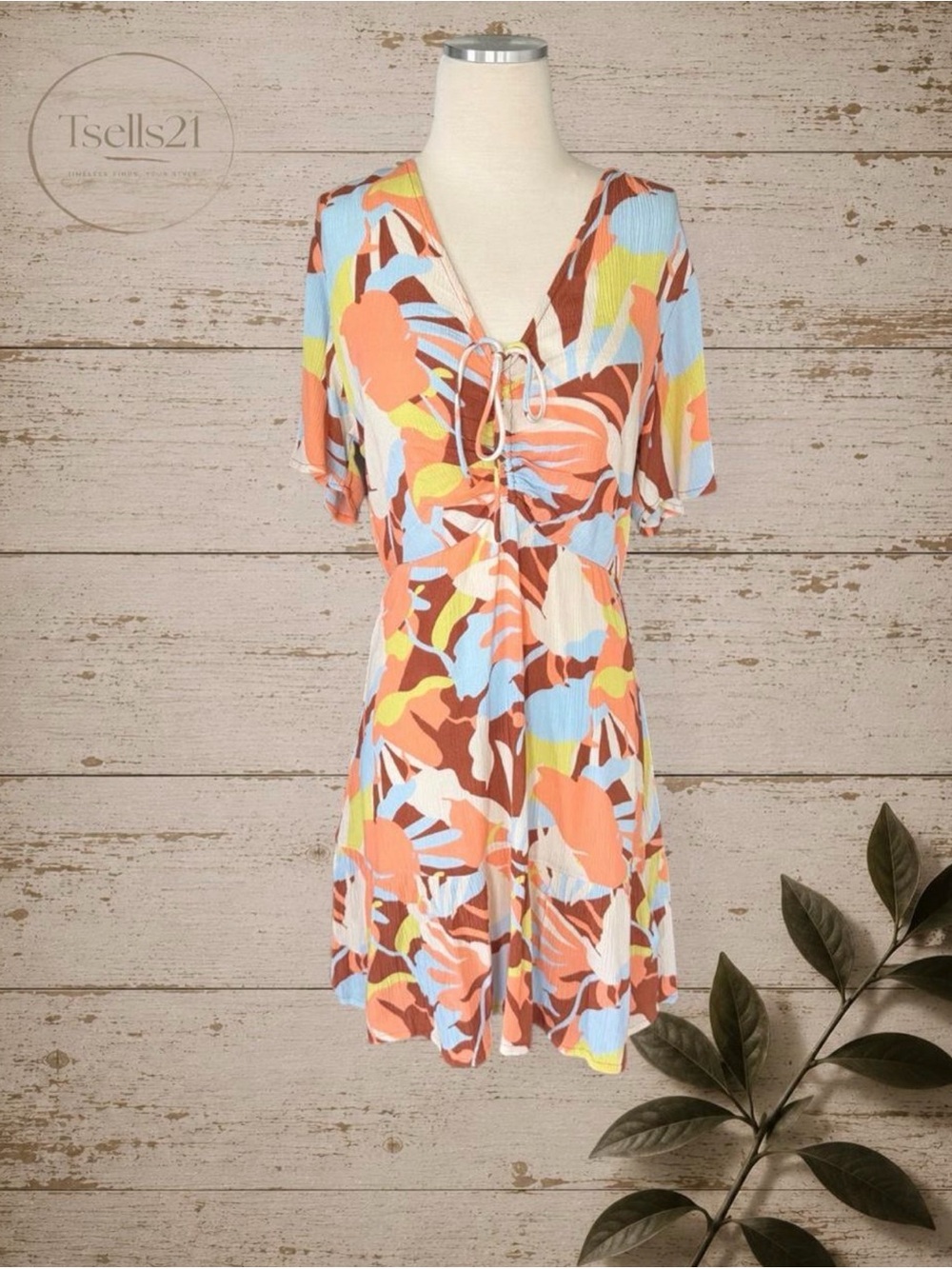 Roxy "Summer Flow" Abstract Tropical Leaf Mini Dress - Size S